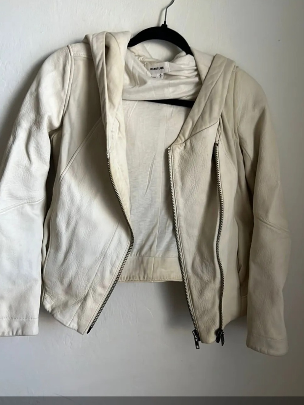 Helmut Lang Cream Leather Hooded Asymmetric Zip Jacket